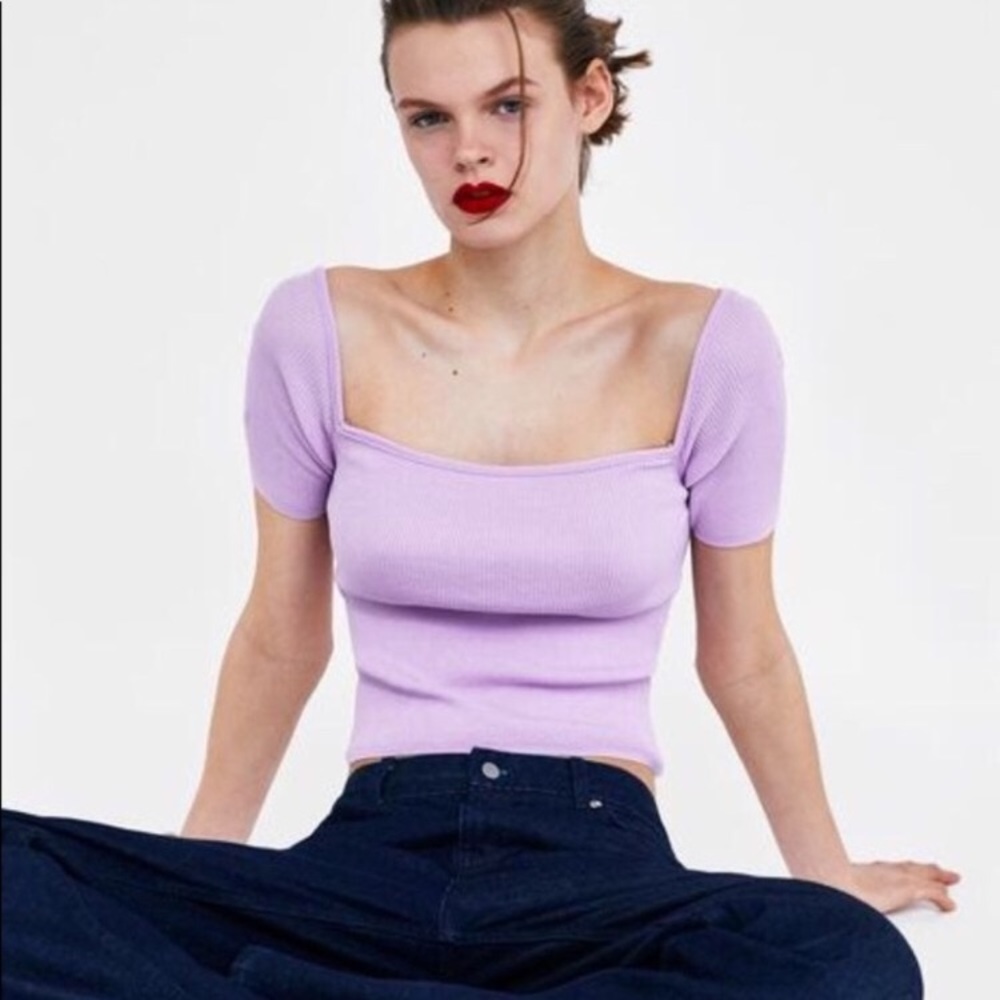 Zara Knit Purple Rectangle Neck Short Sleeved Top
